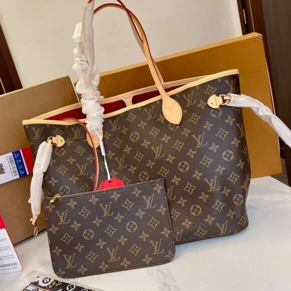 ✨NWT LV Neverfull MM Damier Azur Brown Red Inside32×29×17cm